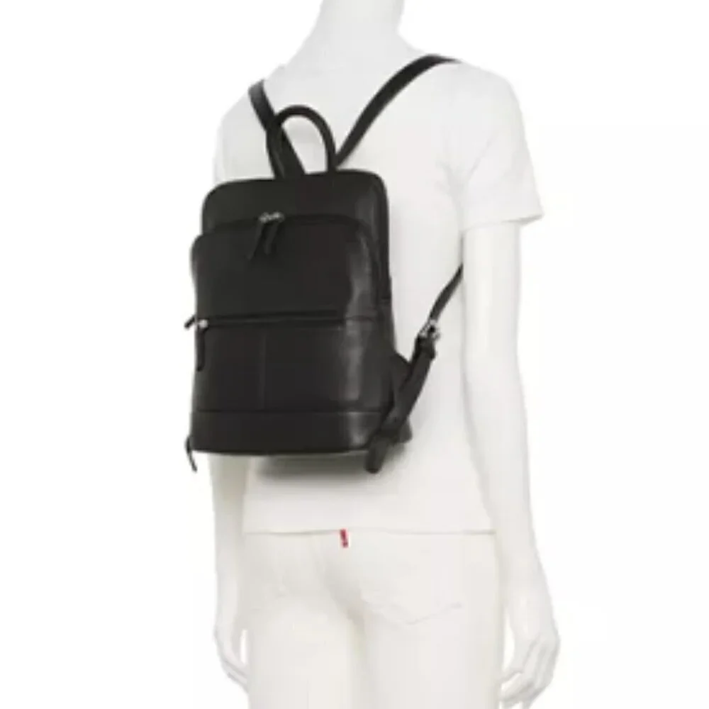 ili New York Black Leather Backpack Adjustable Strap Travel Work Bag Organizer
